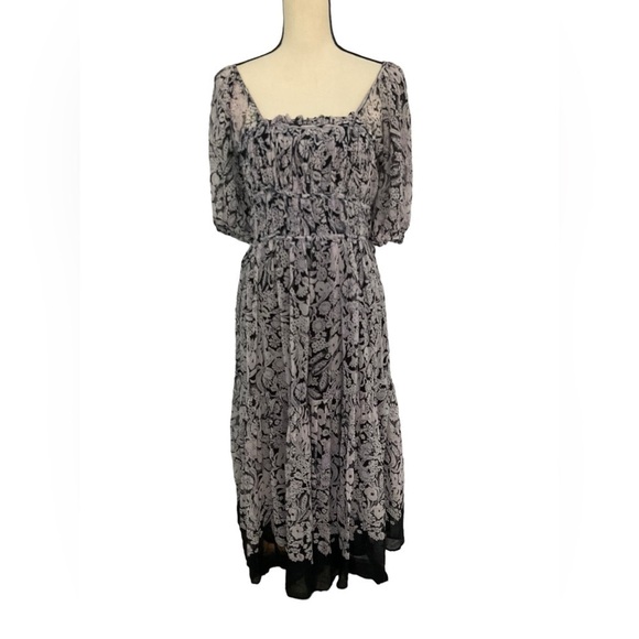 Anthropologie Squareneck Smocked Puff Sleeve Midi Dress Sz M Black White Cottage - Picture 5 of 16